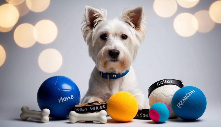 A West Highland White Terrier, proudly sporting a blue collar, sits surrounded by various toys, including colorful balls and bone-shaped items. The adorable Westie moniker seems to suit this playful pup perfectly against the soft background with circular lights.