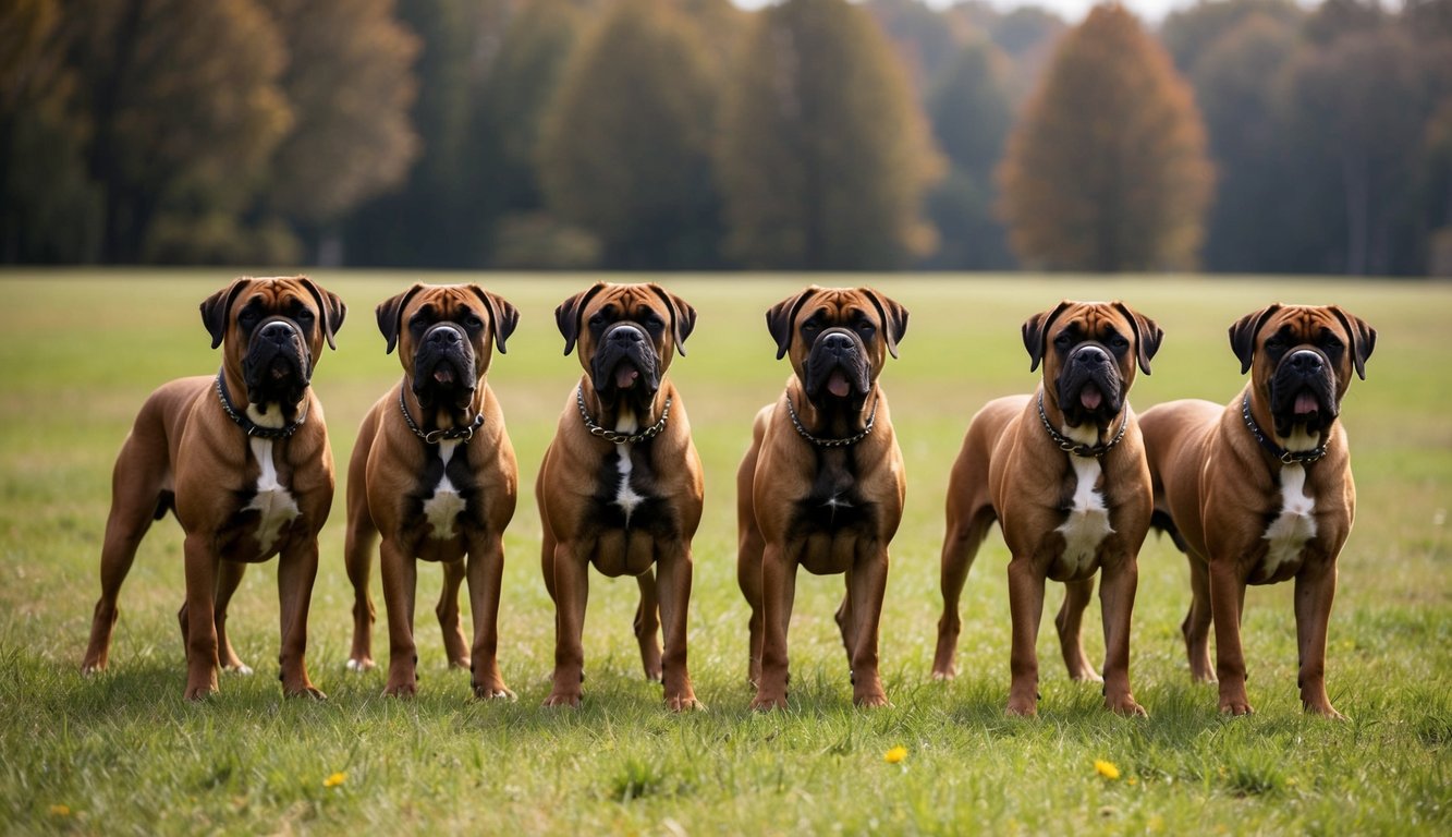 Six brown boxer dogs with white chests stand side by side on a grassy field, powerful names etched in their stately stance, with trees in the background.