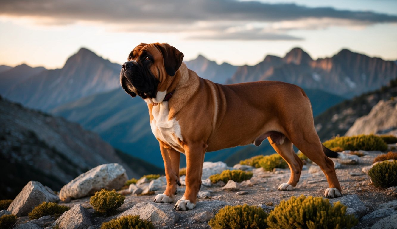 A Gentle Giant, this large brown and white dog, likely one of the majestic Spanish Mastiffs, stands proudly on rocky terrain. The mountain range looms in the background under a partly cloudy sky.