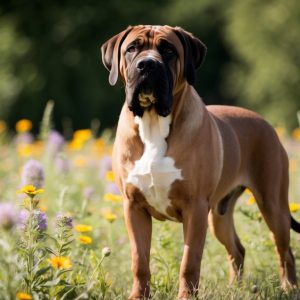 A gentle giant, the large brown Spanish Mastiff with a white chest stands gracefully in a field of yellow and purple wildflowers, framed by lush green foliage.