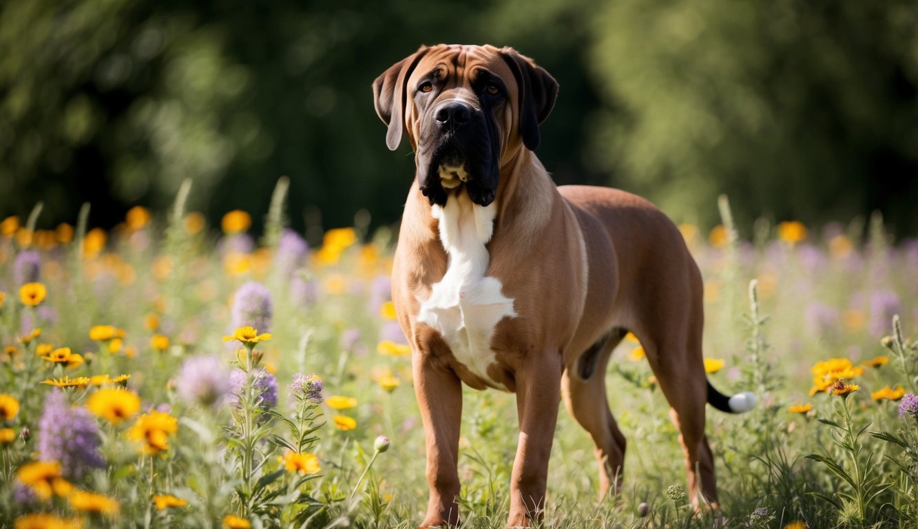 A gentle giant, the large brown Spanish Mastiff with a white chest stands gracefully in a field of yellow and purple wildflowers, framed by lush green foliage.