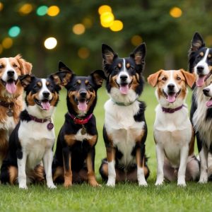 A gathering of nine unique pups sits gracefully on the grass, framed by trees and blurred lights dancing in the background, each with its own inspiring dog name.