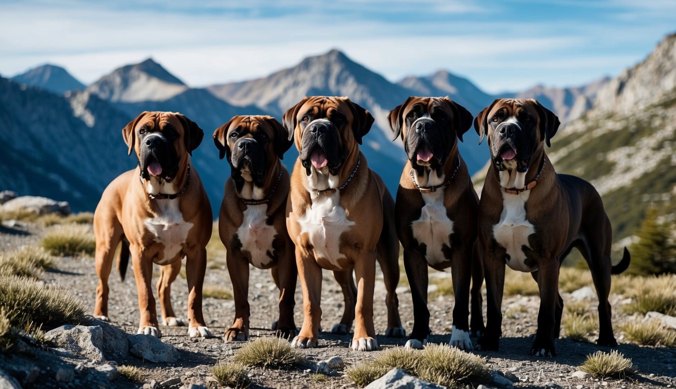 Five brown and white boxers stand on a rocky path with mountains in the background, resembling gentle giants.