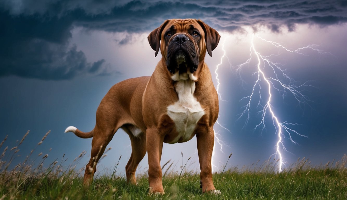 A gentle giant, the large brown and white dog stands on grass beneath a dramatic stormy sky with visible lightning, resembling a powerful Spanish Mastiff.