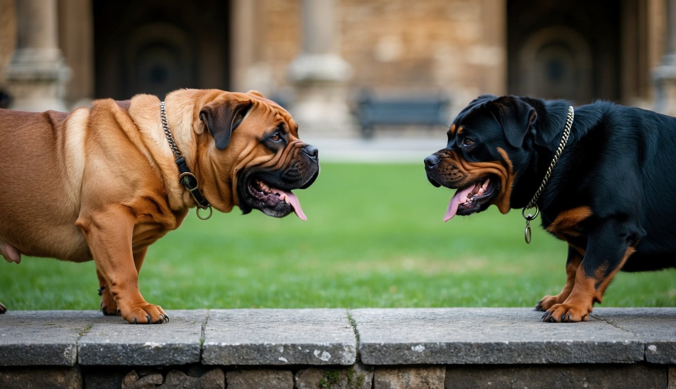 Two bulldogs and a Bullmastiff face each other on a stone path, with a grassy area and stone building in the background.