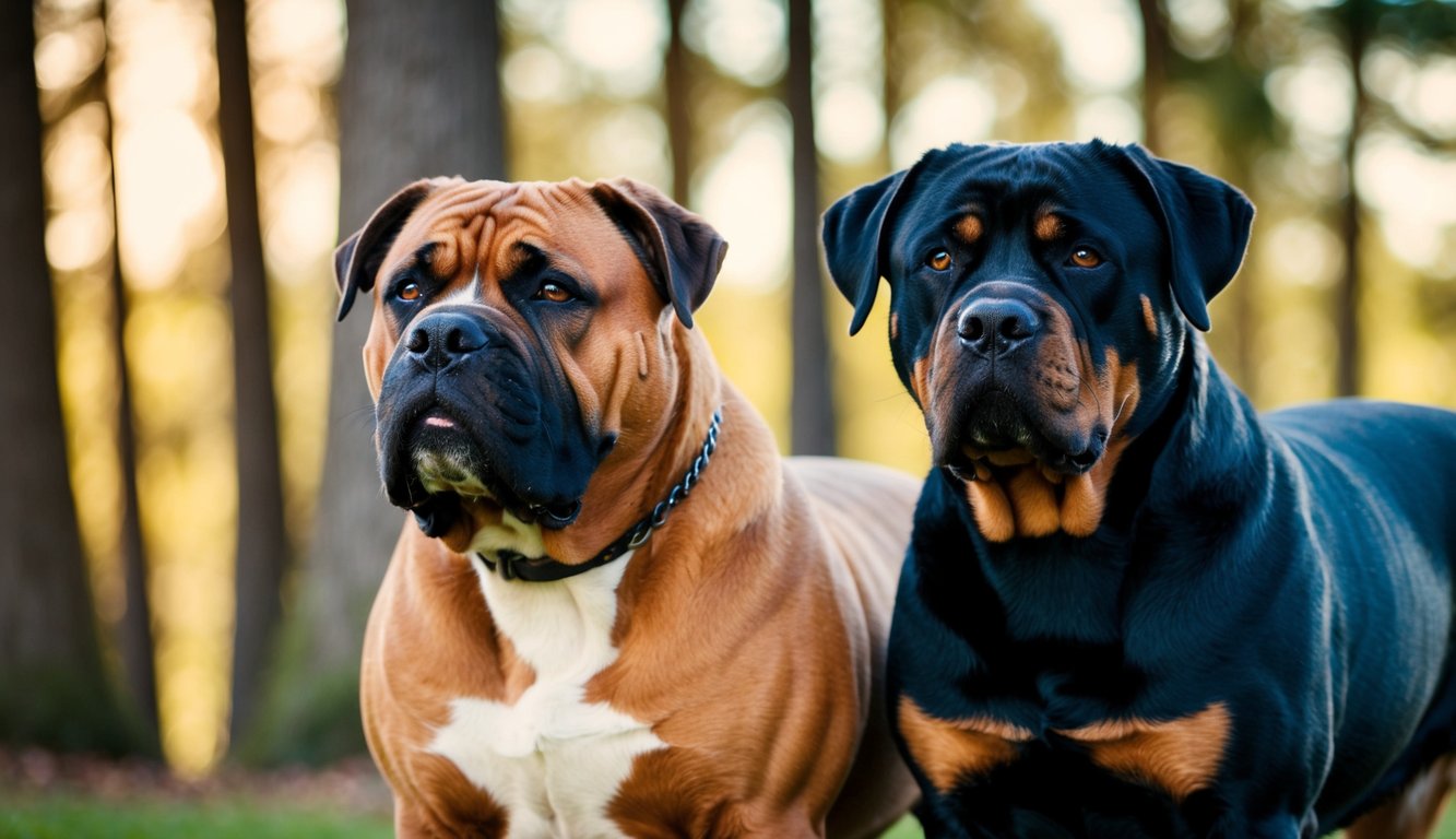 Two large dogs, a Rottweiler with a glossy black and tan coat and a Bullmastiff with a rich brown coat, stand side by side outdoors, framed by trees in the background.