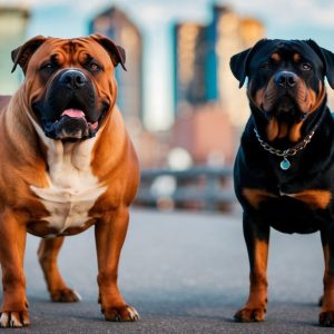 Two muscular Rottweilers stand on a pavement with a blurred city skyline in the background, exuding the presence of vigilant guard dogs.