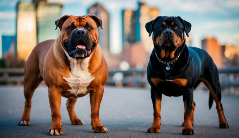 Two muscular Rottweilers stand on a pavement with a blurred city skyline in the background, exuding the presence of vigilant guard dogs.