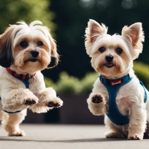 Two small Maltese dogs wearing blue harnesses happily jump on the pavement.