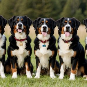 Five of the best picks among Berners sit in a row on the grass, each wearing a colorful collar with a name tag, against a blurred natural background.