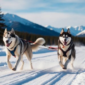 Two Siberian Huskies in harnesses dash along a snowy trail, surrounded by majestic mountains and trees, showcasing the energy that sets them apart from their larger cousin, the Alaskan Malamute.