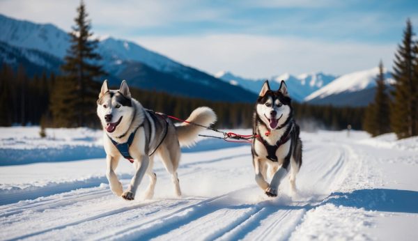 Two Siberian Huskies in harnesses dash along a snowy trail, surrounded by majestic mountains and trees, showcasing the energy that sets them apart from their larger cousin, the Alaskan Malamute.
