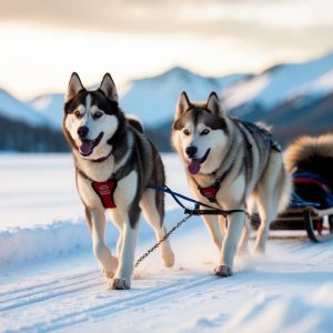 Two Siberian Huskies pull a sled through a snowy landscape, with majestic mountains in the background, showcasing the key differences in speed and agility compared to their larger cousin, the Alaskan Malamute.