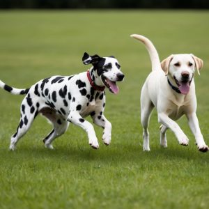 A Dalmatian and an active family Labrador run together on the grass, eagerly chasing a flying disc.