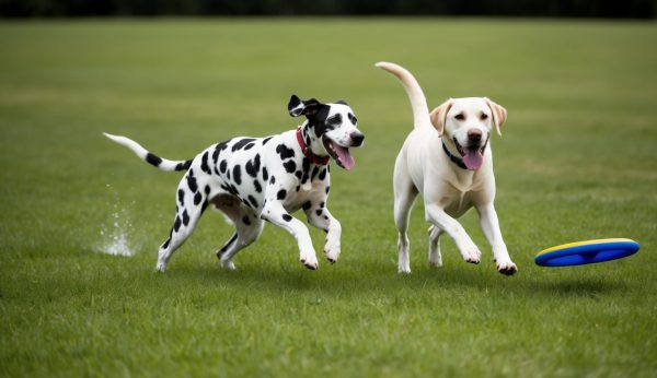 A Dalmatian and an active family Labrador run together on the grass, eagerly chasing a flying disc.