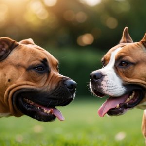 Two brown and white dogs, one a playful Pitbull and the other a Staffordshire Bull Terrier, face each other with tongues out, standing on grass with trees blurred in the background.