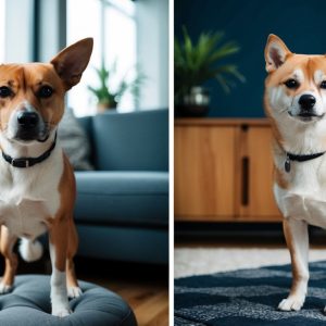 Two brown and white dogs stand indoors, embodying the independent spirit typical of Basenji and Shiba Inu breeds. The left dog is perched on a round cushion, while the right stands confidently on a patterned rug. Both wear collars, adding a touch of style to their poised demeanors.