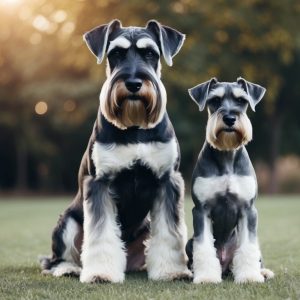 Two schnauzers, one larger and one smaller in size, sit on the grass in a park with trees in the background. The sun is setting, casting a warm glow. Their calm temperament enhances the serene ambiance of this picturesque scene.