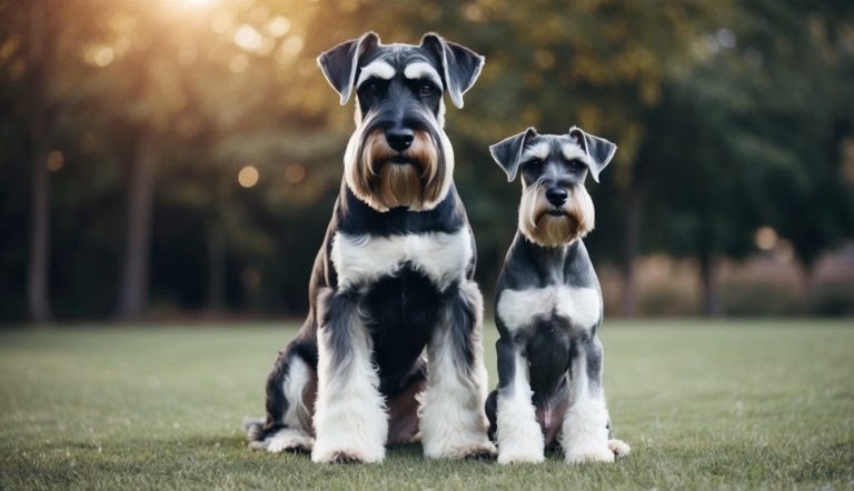 Two schnauzers, one larger and one smaller in size, sit on the grass in a park with trees in the background. The sun is setting, casting a warm glow. Their calm temperament enhances the serene ambiance of this picturesque scene.