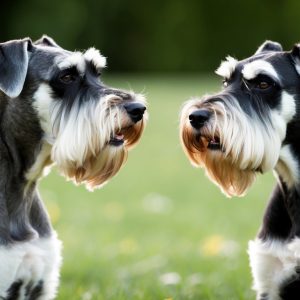 Two Standard Schnauzers with distinct beards face each other while sitting on green grass, showcasing their friendly temperament against a blurred background.