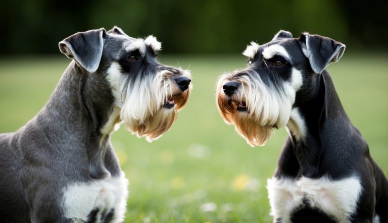Two Standard Schnauzers with distinct beards face each other while sitting on green grass, showcasing their friendly temperament against a blurred background.