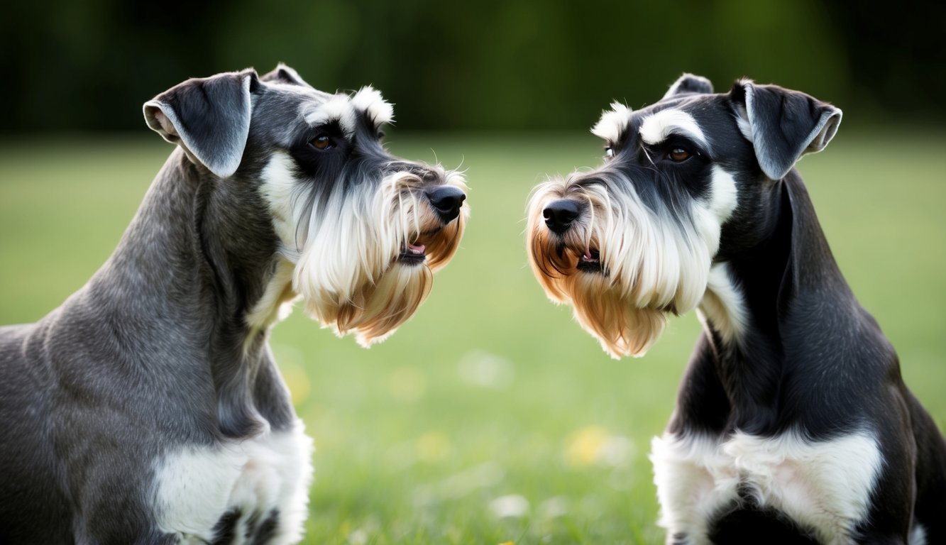 Two Schnauzers, one a Giant Schnauzer and the other a Standard Schnauzer, with neatly trimmed beards face each other on a grassy background, showcasing their noble temperament.