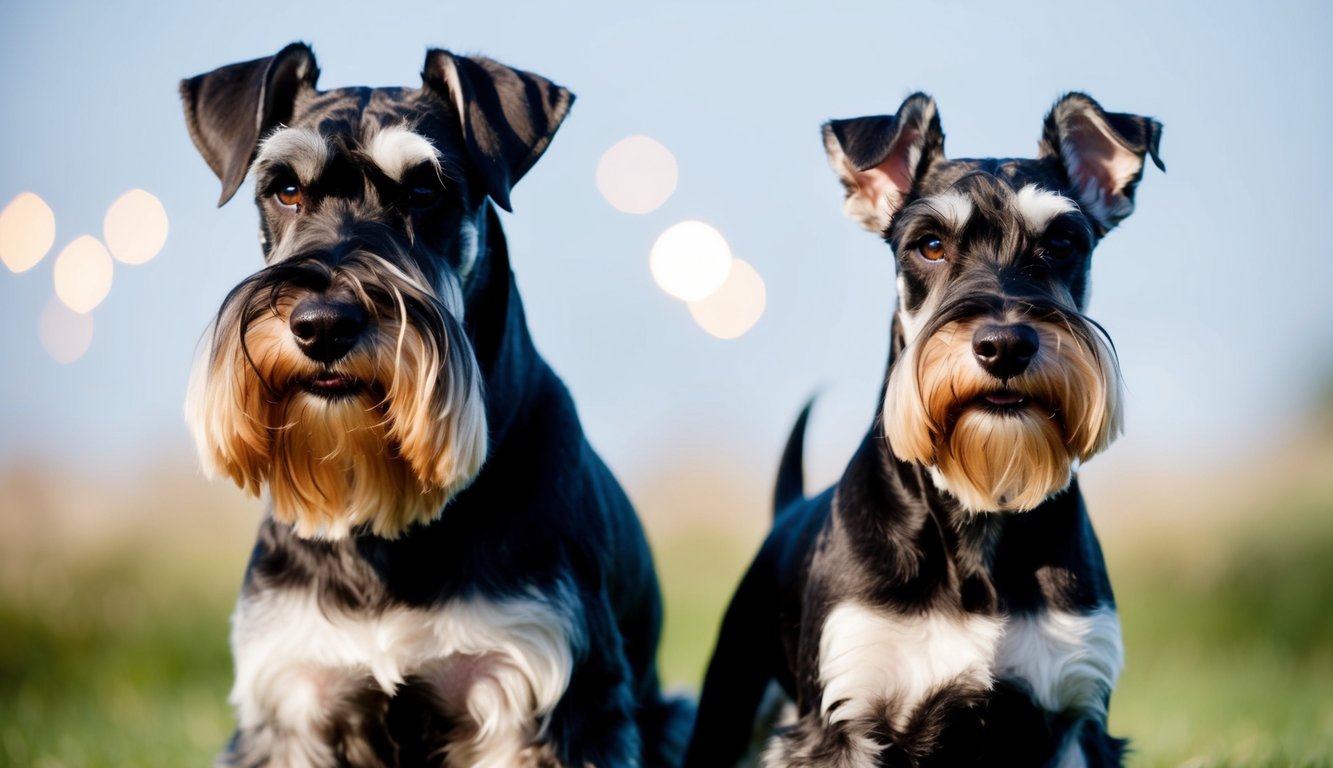 Two Giant Schnauzer dogs with black and white fur sit side by side on a grassy field, their intelligent temperament evident as they face forward with a blue sky in the background.