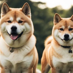 Two Shiba Inu dogs with fluffy fur and tags sit side by side on the grass, one with its tongue out, against a blurry background of trees. These adorable members of Japanese dog breeds display their playful nature effortlessly.