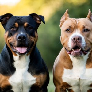 Two dogs, possibly an American Staffordshire Terrier and a Pit Bull, sit close together outdoors. One is black and tan, the other brown and white, both looking at the camera with trees blurred in the background.