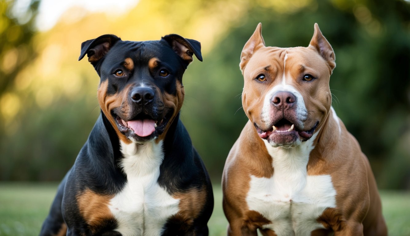 Two dogs, possibly an American Staffordshire Terrier and a Pit Bull, sit close together outdoors. One is black and tan, the other brown and white, both looking at the camera with trees blurred in the background.