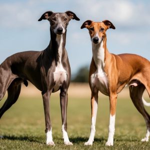 Two graceful sighthounds stand alert on the grass. One is grey with white markings; the other is brown with similar white accents. A blurred field and sky form the background, highlighting their sleek forms reminiscent of their Whippet cousins.