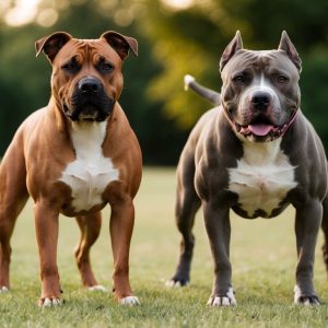 Two muscular dogs with cropped ears, resembling a Pit Bull and an American Staffordshire Terrier, stand side by side on grass—one brown and one gray—against a blurred green background.