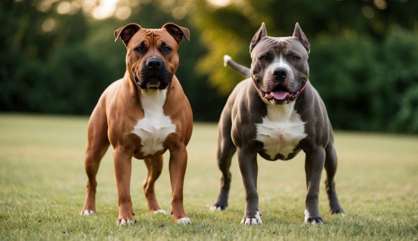 Two muscular dogs with cropped ears, resembling a Pit Bull and an American Staffordshire Terrier, stand side by side on grass—one brown and one gray—against a blurred green background.