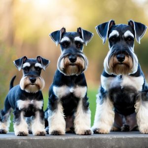 Three schnauzers of varying sizes, including a Standard Schnauzer and a Miniature Schnauzer, sit in a row on a stone bench, surrounded by greenery.