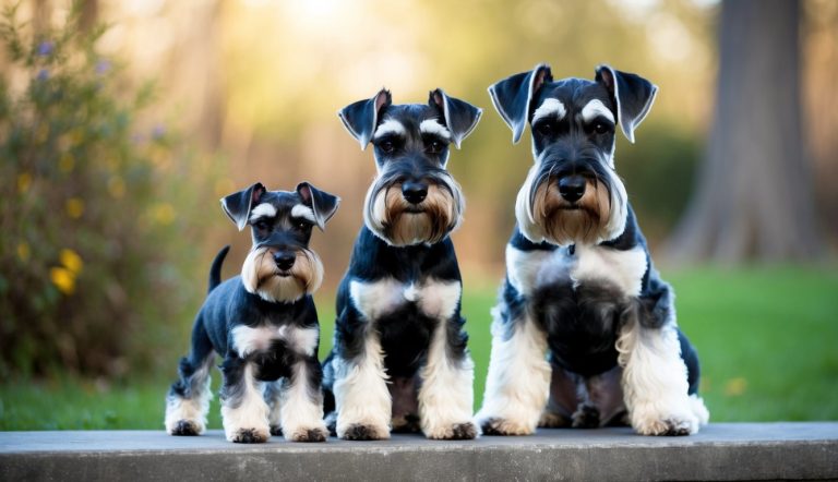 Three schnauzers of varying sizes, including a Standard Schnauzer and a Miniature Schnauzer, sit in a row on a stone bench, surrounded by greenery.