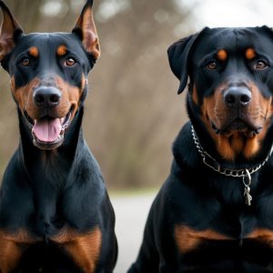 A Doberman and a Rottweiler, both known as excellent guard dogs, sit side by side on a park path, framed by towering trees in the background.