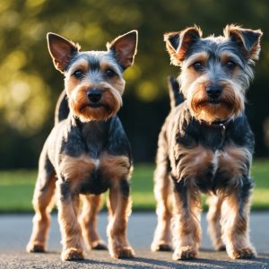 Two small dogs, one a Jack Russell Terrier, stand side by side on a paved path with green grass and trees in the background.
