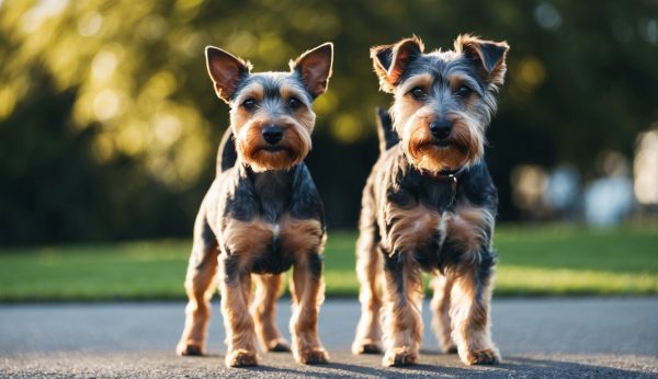 Two small dogs, one a Jack Russell Terrier, stand side by side on a paved path with green grass and trees in the background.