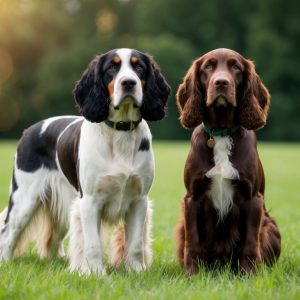 Two dogs sit on the grass in a park, showcasing a delightful breed comparison. One is black and white like a Gordon Setter, and the other is rich brown, reminiscent of an Irish Setter. Trees and sunlight blur beautifully in the background.