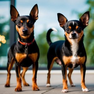 Two small black and tan dogs, a Chihuahua and a Miniature Pinscher with large ears, stand on a patio. One wears a red collar as both tiny guardians look directly at the camera, greenery in the background accentuating their vigilant stance.