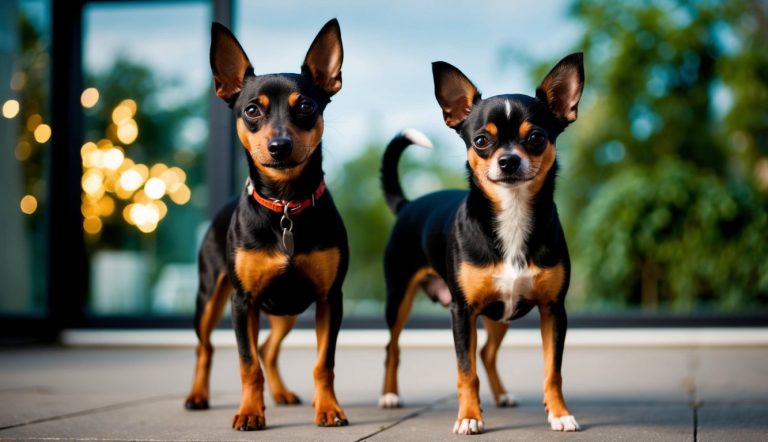 Two small black and tan dogs, a Chihuahua and a Miniature Pinscher with large ears, stand on a patio. One wears a red collar as both tiny guardians look directly at the camera, greenery in the background accentuating their vigilant stance.