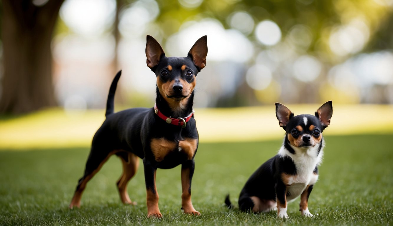 Two small dogs, a Miniature Pinscher with a red collar and its tiny guardian companion, stand on the grass. Both have black and tan coats, pointy ears, and are looking forward against a blurred green background.