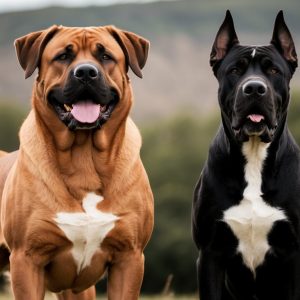 Two large guard dogs sit outdoors in a field. One is a brown Boerboel with a white chest, and the other is a black Cane Corso with white markings. They both have alert expressions.