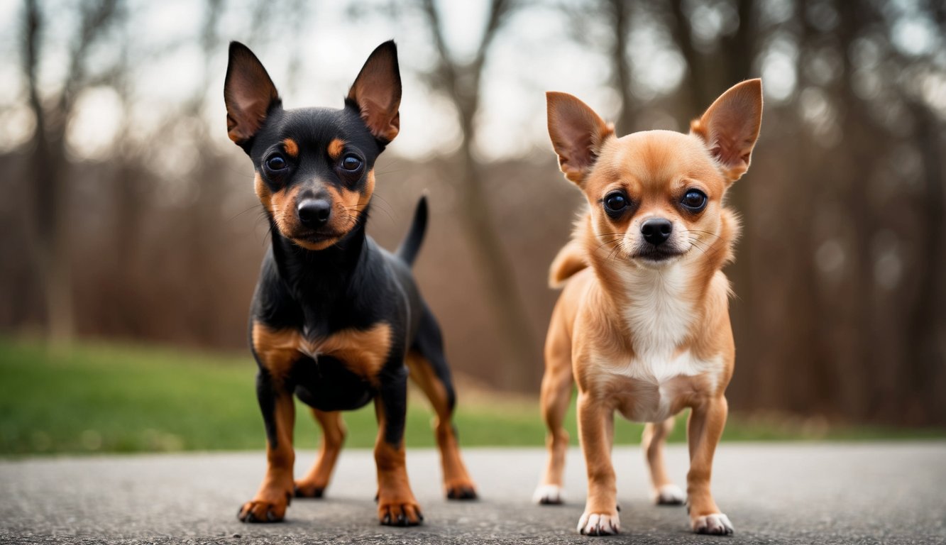 Two small dogs, a Chihuahua and a Miniature Pinscher, stand on a path like tiny guardians, one black and tan, the other tan and white, with trees and grass in the background.