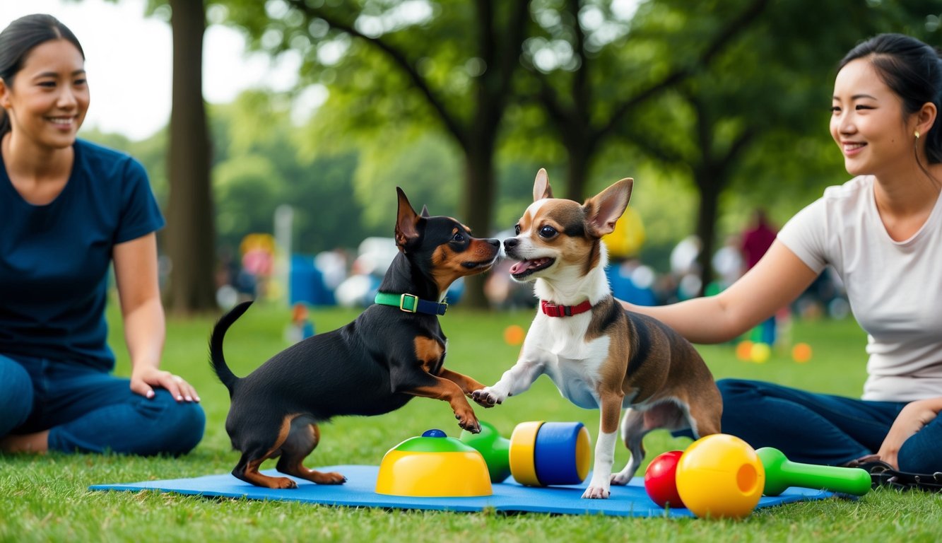 Two women sit on grass mats in a park, each playing with a small dog, one a lively Chihuahua. Toys are scattered around, and trees stand in the background, offering shade to the tiny guardians at play.