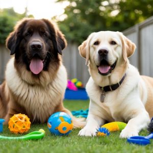 Two large dogs, a brown Newfoundland and a yellow Labrador, sit on the grass surrounded by an assortment of toys and supplies. A wooden fence and lush green foliage complete this perfect scene for any family dog adventure.