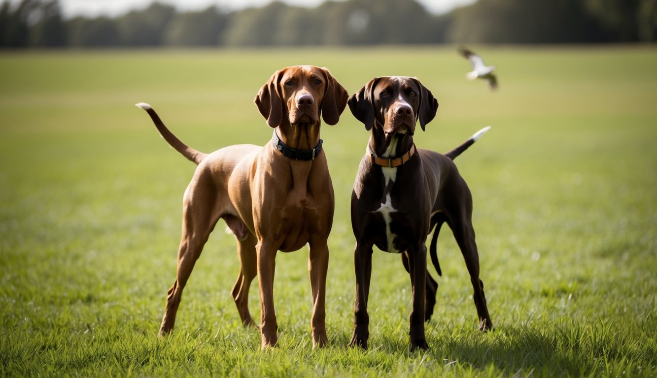 Two sporting dogs, a pointer and a vizsla, stand on grass in a field, with a bird gracefully flying in the background.