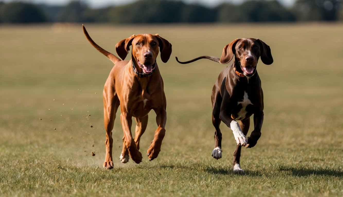Two dogs, a brown Vizsla and a black Pointer with white markings, are running side by side on a grassy field, both with their tongues out, embodying the spirit of sporting dogs.