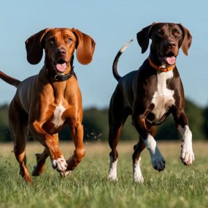 Two energetic sporting dogs, one a brown Vizsla and the other a black and white pointer, run side by side on a grassy field with trees in the background under a clear blue sky.