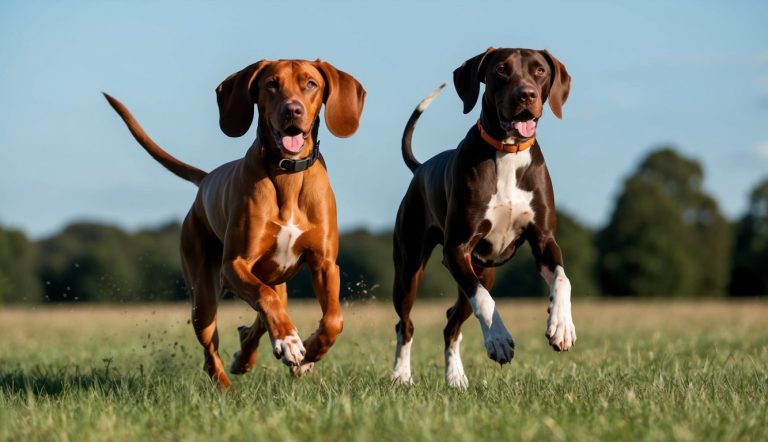 Two energetic sporting dogs, one a brown Vizsla and the other a black and white pointer, run side by side on a grassy field with trees in the background under a clear blue sky.